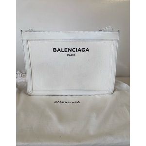 Balenciaga Ivory Leather Trimmed Canvas Clutch
